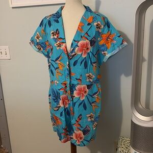 Hawaiian Floral Blue Short Sleeve Romper
